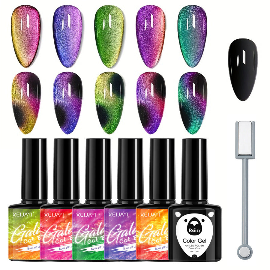 Kit Vernis Cat Eye Galaxy 5 couleurs +base noire + barre magnétique